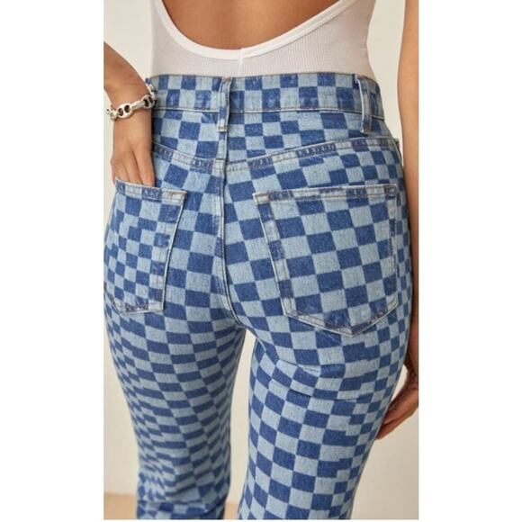 Reformation Cynthia Checkerboard High Rise Straight Jeans, Blue 29 - Picture 2 of 7